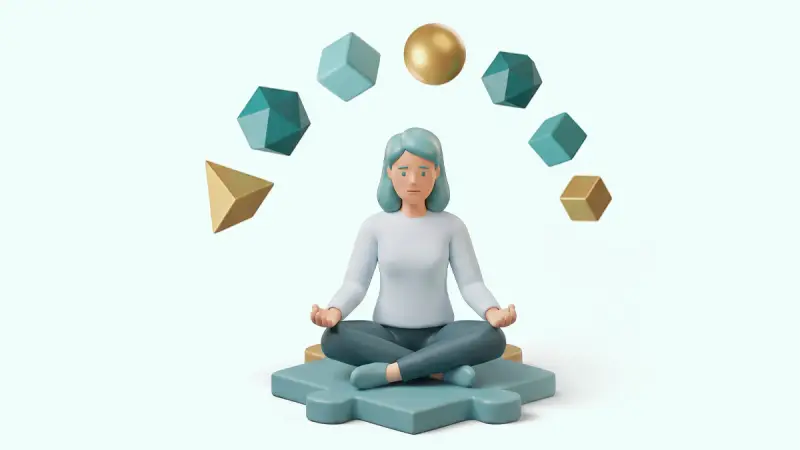 7 types of rest test: woman meditating on a puzzle piece with seven geometric shapes for different kinds of rest