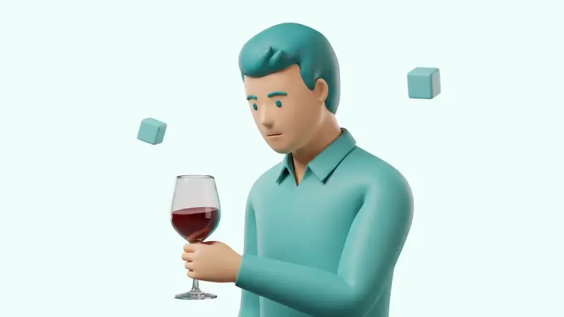 Susimąstęs vyras, žiūrintis į alkoholio taurę ant stalo – asmeninio alkoholizmo testo iliustracija