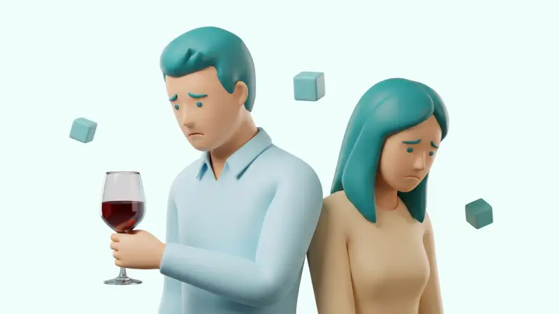 Liūdnas asmuo stovi šalia alkoholio taurę laikančio žmogaus – artimojo alkoholizmo testo iliustracija