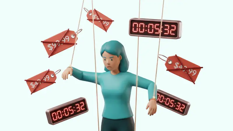 Atsparumo marketingui testas: kainodaros, skubumo ir UX manipuliacijų iliustracija