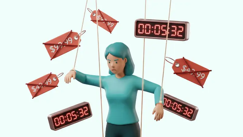 Atsparumo marketingui testas: kainodaros, skubumo ir UX manipuliacijų iliustracija